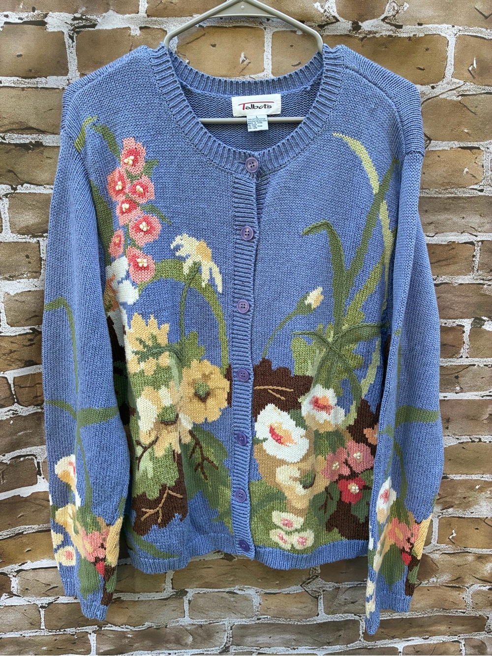 Vintage Talbots L cornflower Blue Floral Intarsia Cardigan